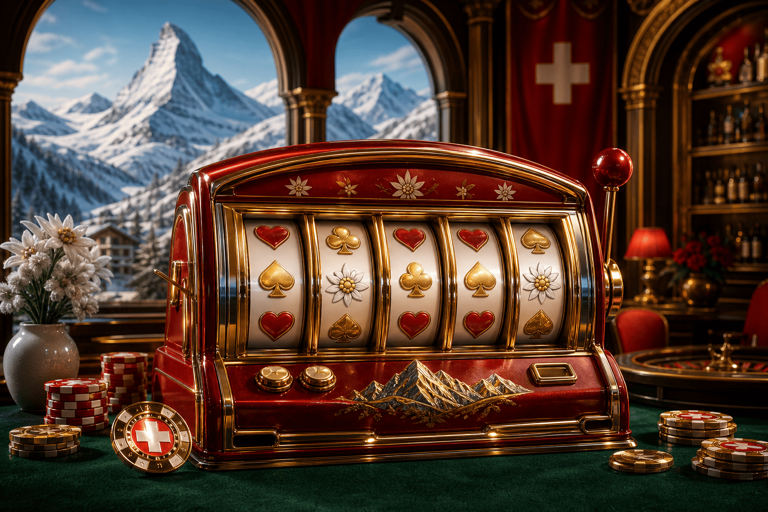 Realistische Alpenkrone Slots Spielszene mit Schweizer Slotmaschine