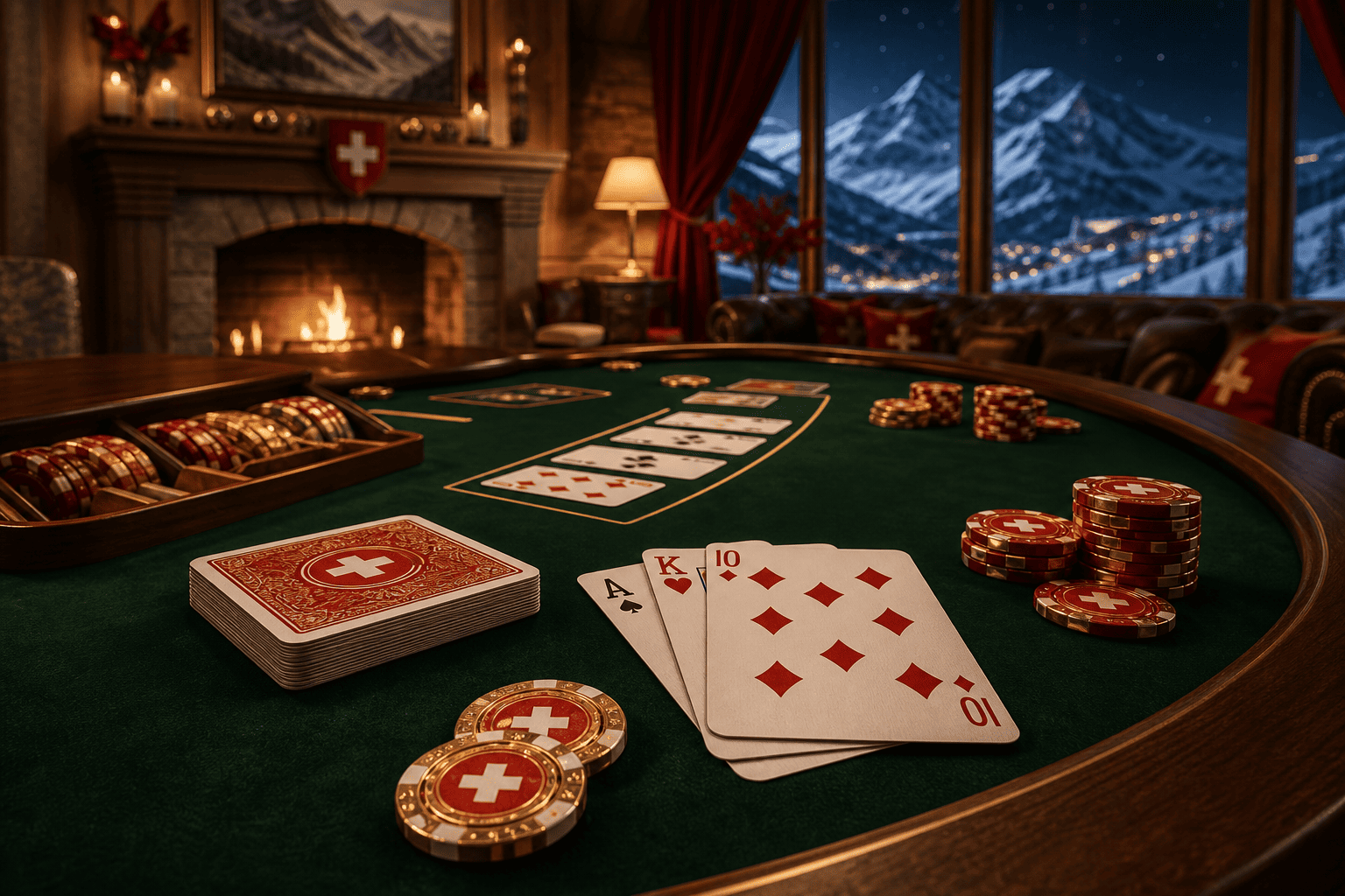 Realistische Chalet Karten 21 Spielszene mit Schweizer Kartentisch